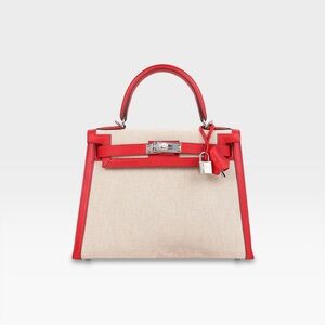 Hermès - Kelly Sellier 28 - Rouge De Coeur Swift & Beige Ecru Canvas